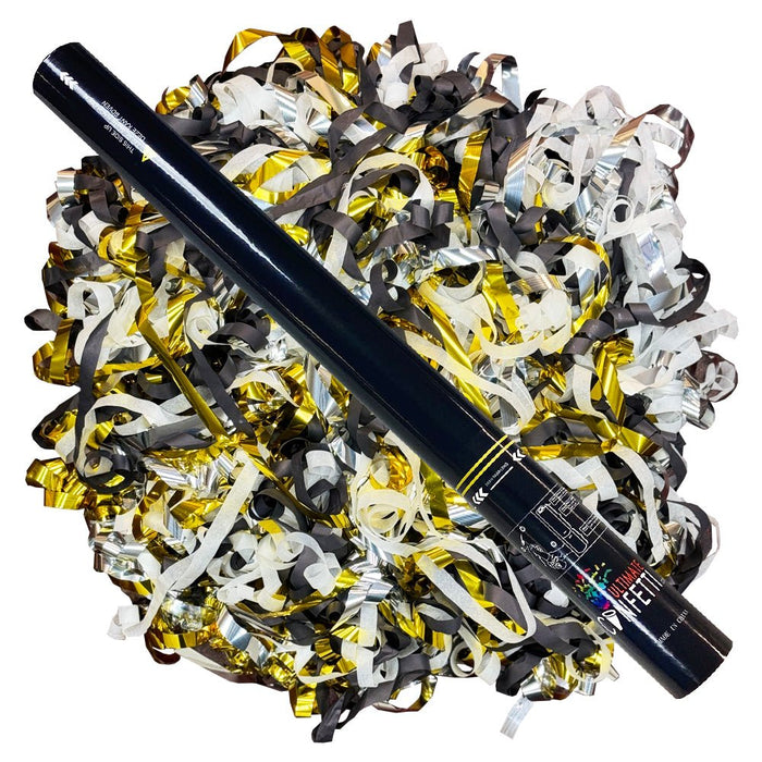 Black, Gold, White & Silver Metallic Streamers - Handheld Confetti Popper Cannon (22") - Ultimate Confetti